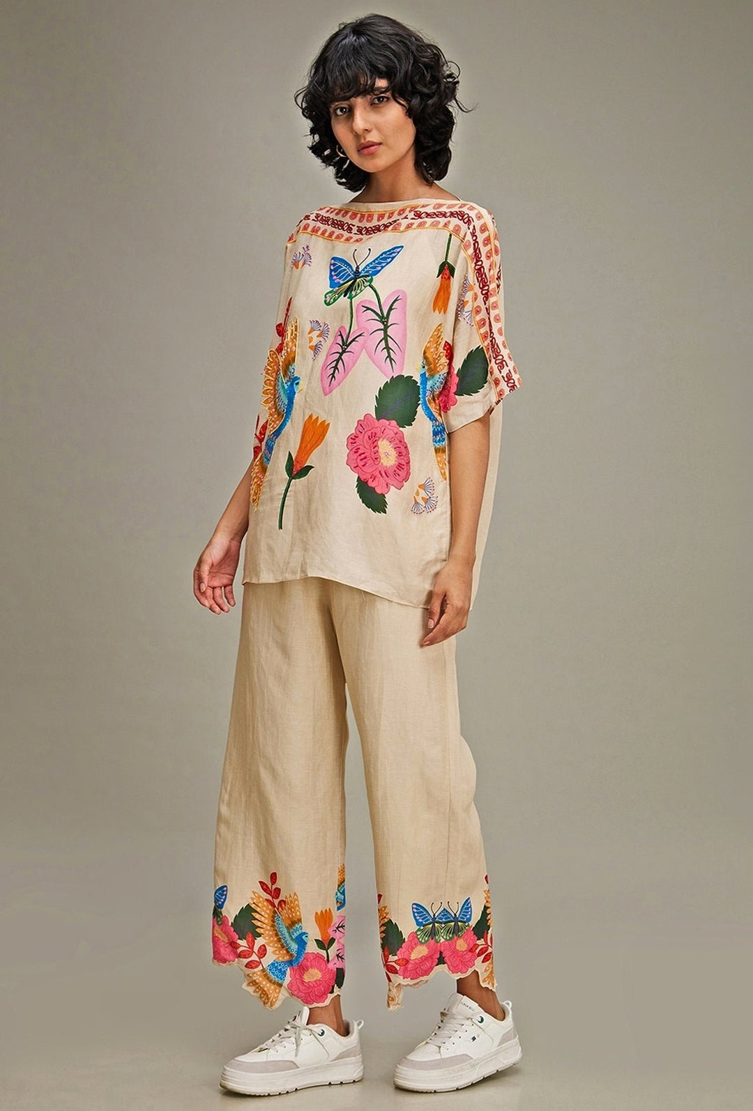 Beige Floral Printed Linen Kimono Top And Pant Set Soup By Sougat Paul - Fabilicious Fashion