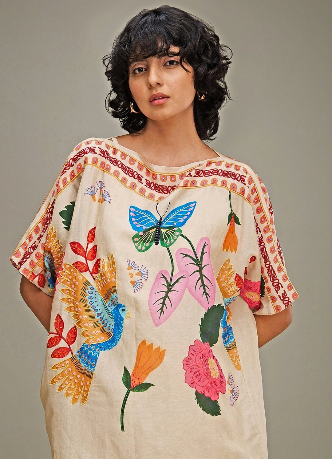 Beige Floral Printed Linen Kimono Top And Pant Set Soup By Sougat Paul - Fabilicious Fashion