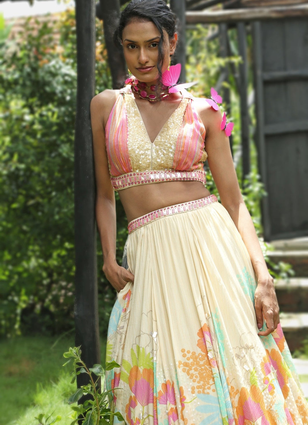 Beige Floral Printed Organza Lehenga Set Basil Leaf - Fabilicious Fashion