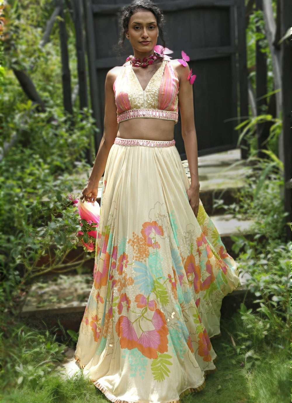Beige Floral Printed Organza Lehenga Set Basil Leaf - Fabilicious Fashion