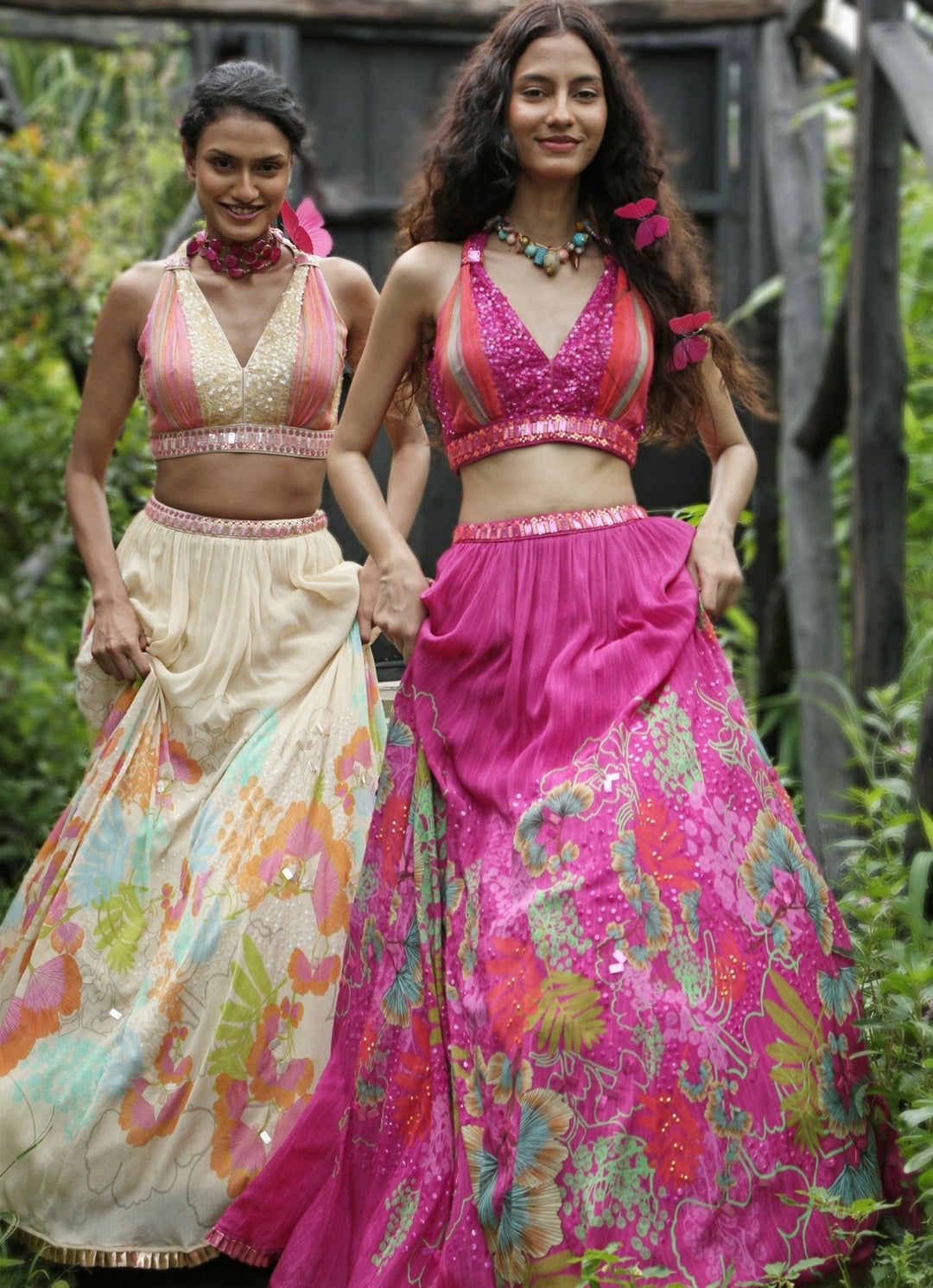 Beige Floral Printed Organza Lehenga Set Basil Leaf - Fabilicious Fashion