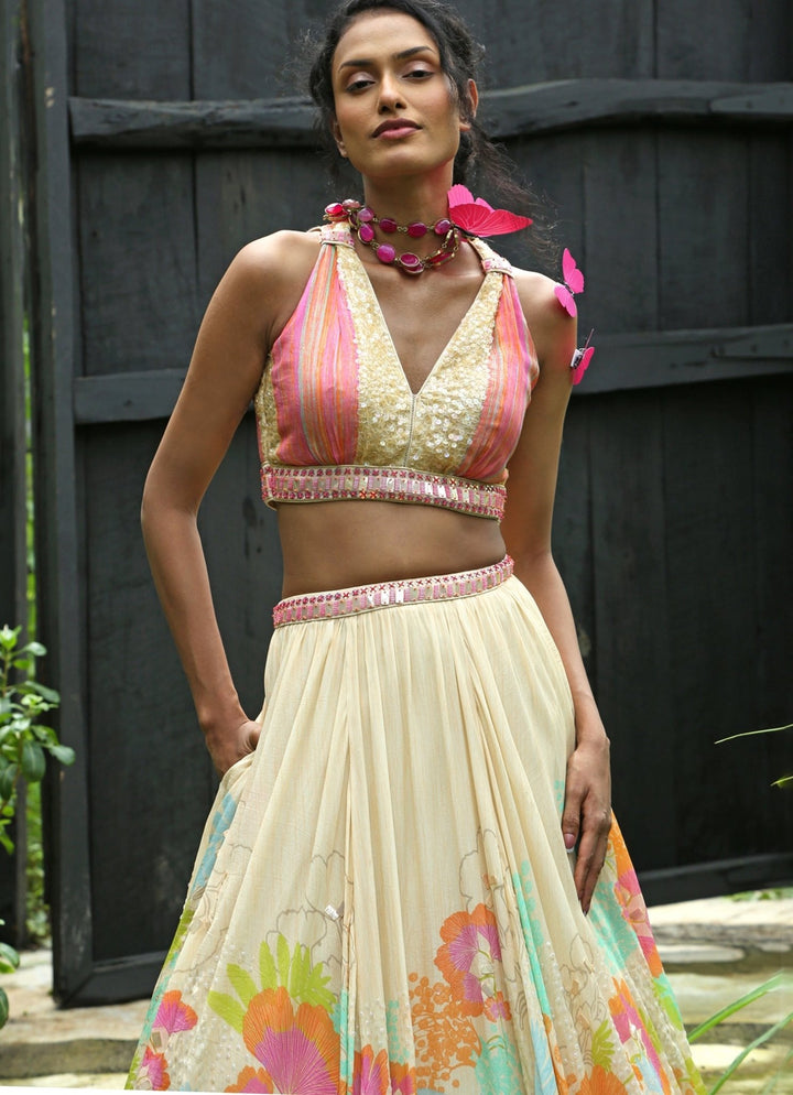 Beige Floral Printed Organza Lehenga Set Basil Leaf - Fabilicious Fashion