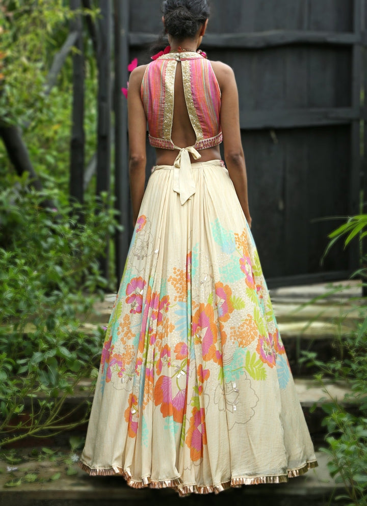 Beige Floral Printed Organza Lehenga Set Basil Leaf - Fabilicious Fashion