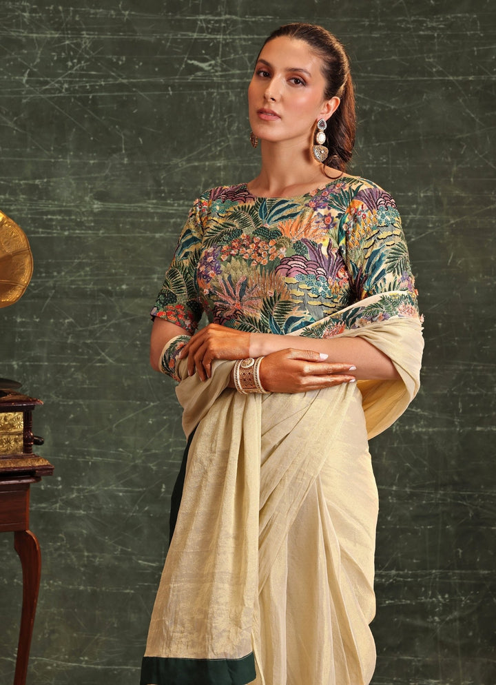 Beige Floral Printed Pre - Stitched Tissue Saree With Blouse Soup By Sougat Paul - Fabilicious Fashion