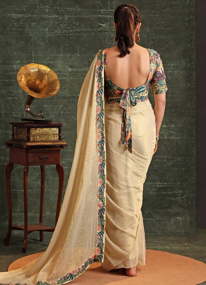 Beige Floral Printed Pre - Stitched Tissue Saree With Blouse Soup By Sougat Paul - Fabilicious Fashion