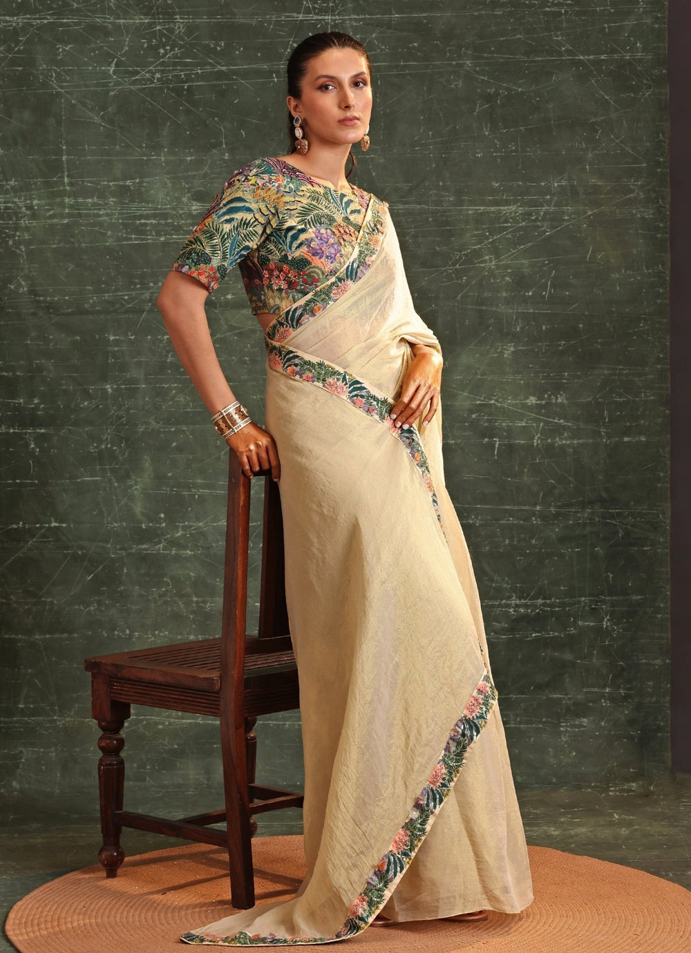 Beige Floral Printed Pre - Stitched Tissue Saree With Blouse Soup By Sougat Paul - Fabilicious Fashion