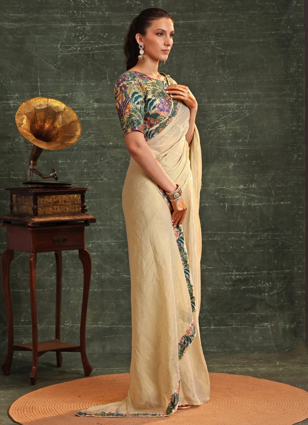 Beige Floral Printed Pre - Stitched Tissue Saree With Blouse Soup By Sougat Paul - Fabilicious Fashion