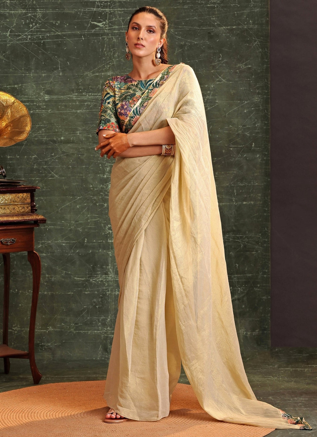 Beige Floral Printed Pre - Stitched Tissue Saree With Blouse Soup By Sougat Paul - Fabilicious Fashion