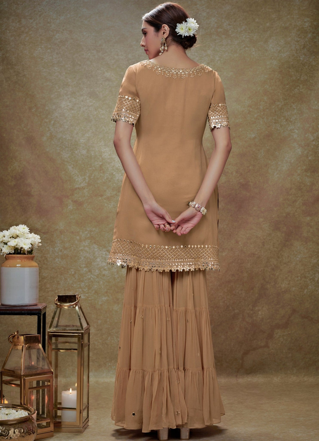 Beige Georgette Kurta Sharara Set Renee Label - Fabilicious Fashion