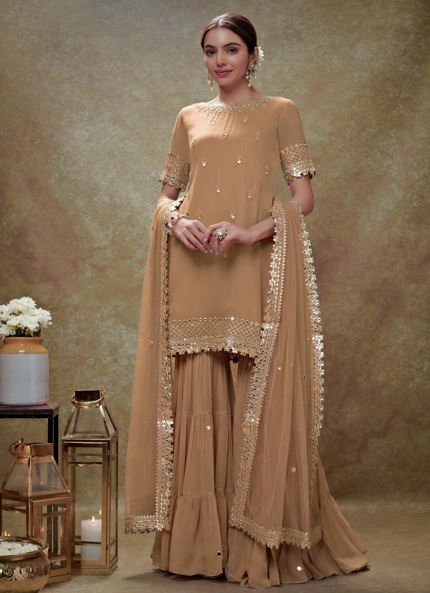 Beige Georgette Kurta Sharara Set