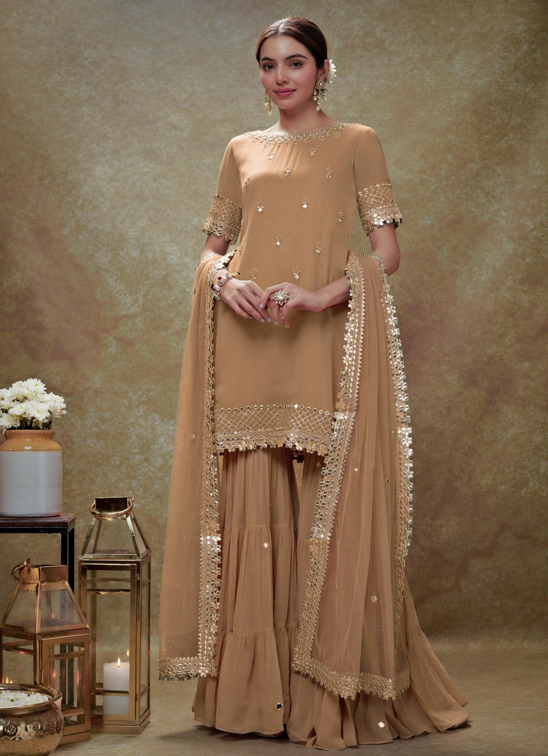 Beige Georgette Kurta Sharara Set Renee Label - Fabilicious Fashion