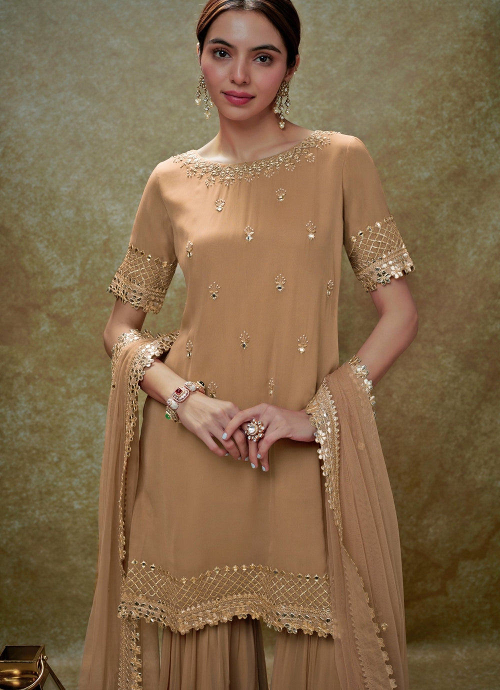 Beige Georgette Kurta Sharara Set Renee Label - Fabilicious Fashion