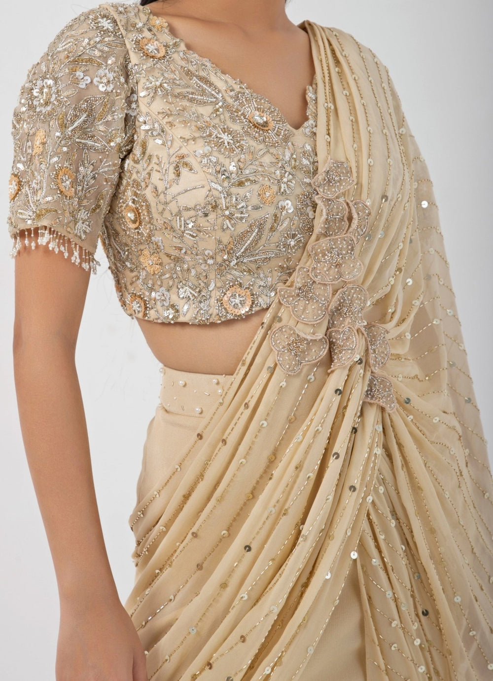 Beige Georgette Predraped Saree Set With Embroidered Blouse Smriti - Fabilicious Fashion