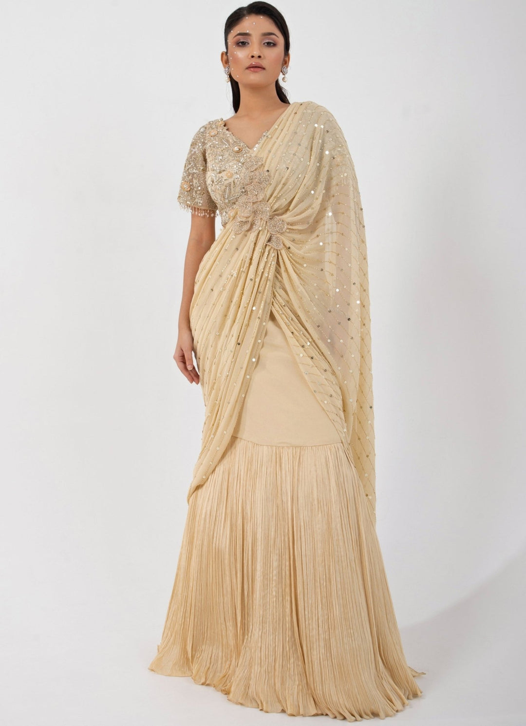 Beige Georgette Predraped Saree Set With Embroidered Blouse Smriti - Fabilicious Fashion