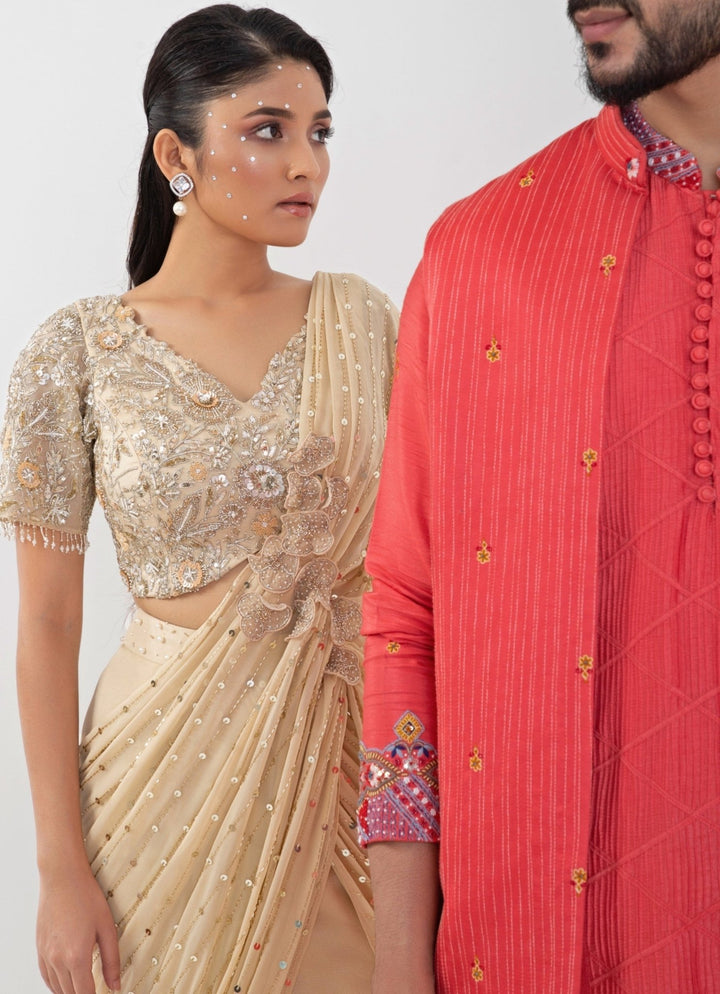 Beige Georgette Predraped Saree Set With Embroidered Blouse Smriti - Fabilicious Fashion