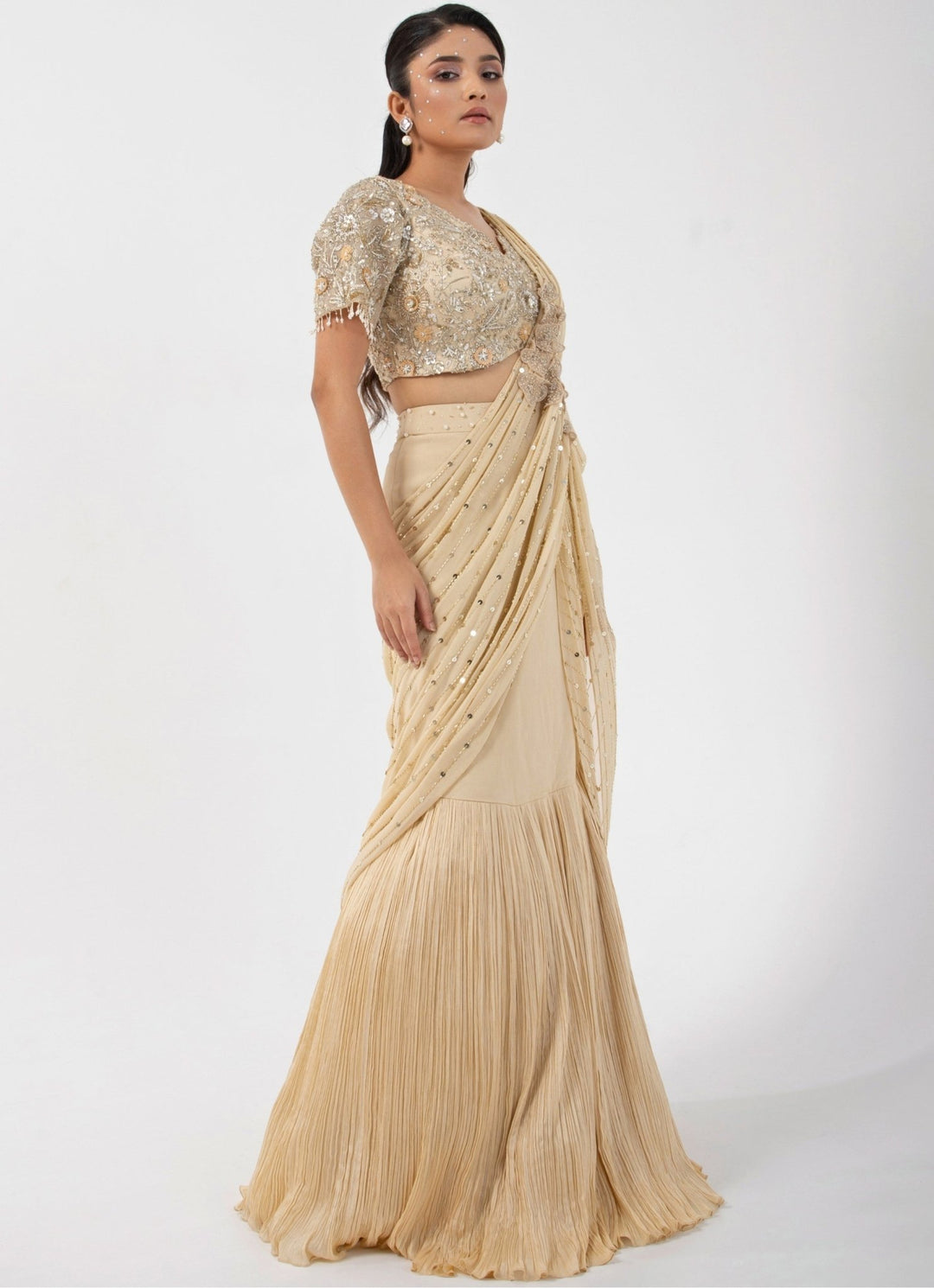 Beige Georgette Predraped Saree Set With Embroidered Blouse Smriti - Fabilicious Fashion