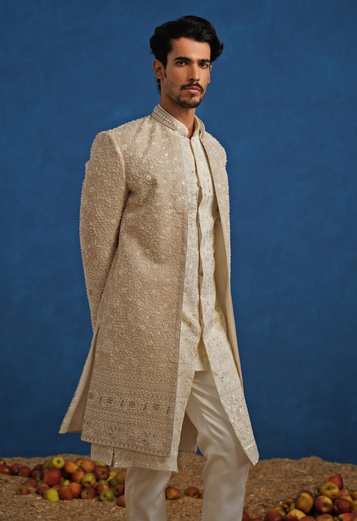 Beige Georgette Sherwani Set Kalpraag - Fabilicious Fashion