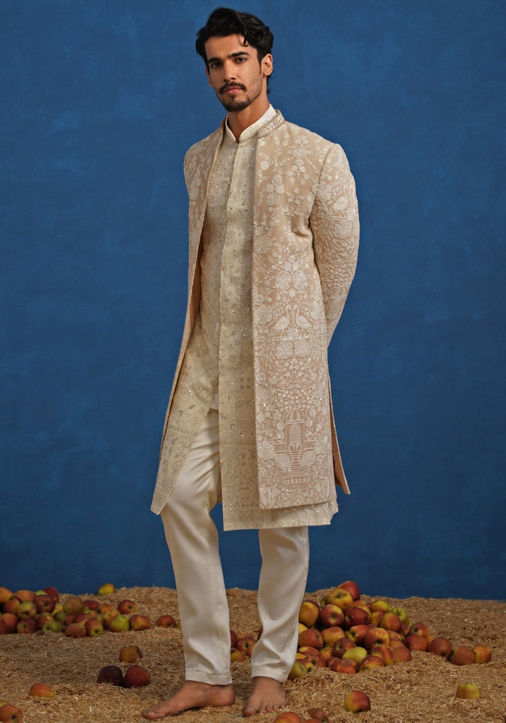 Beige Georgette Sherwani Set Kalpraag - Fabilicious Fashion