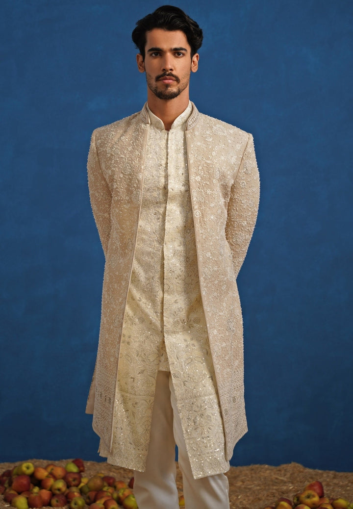 Beige Georgette Sherwani Set Kalpraag - Fabilicious Fashion