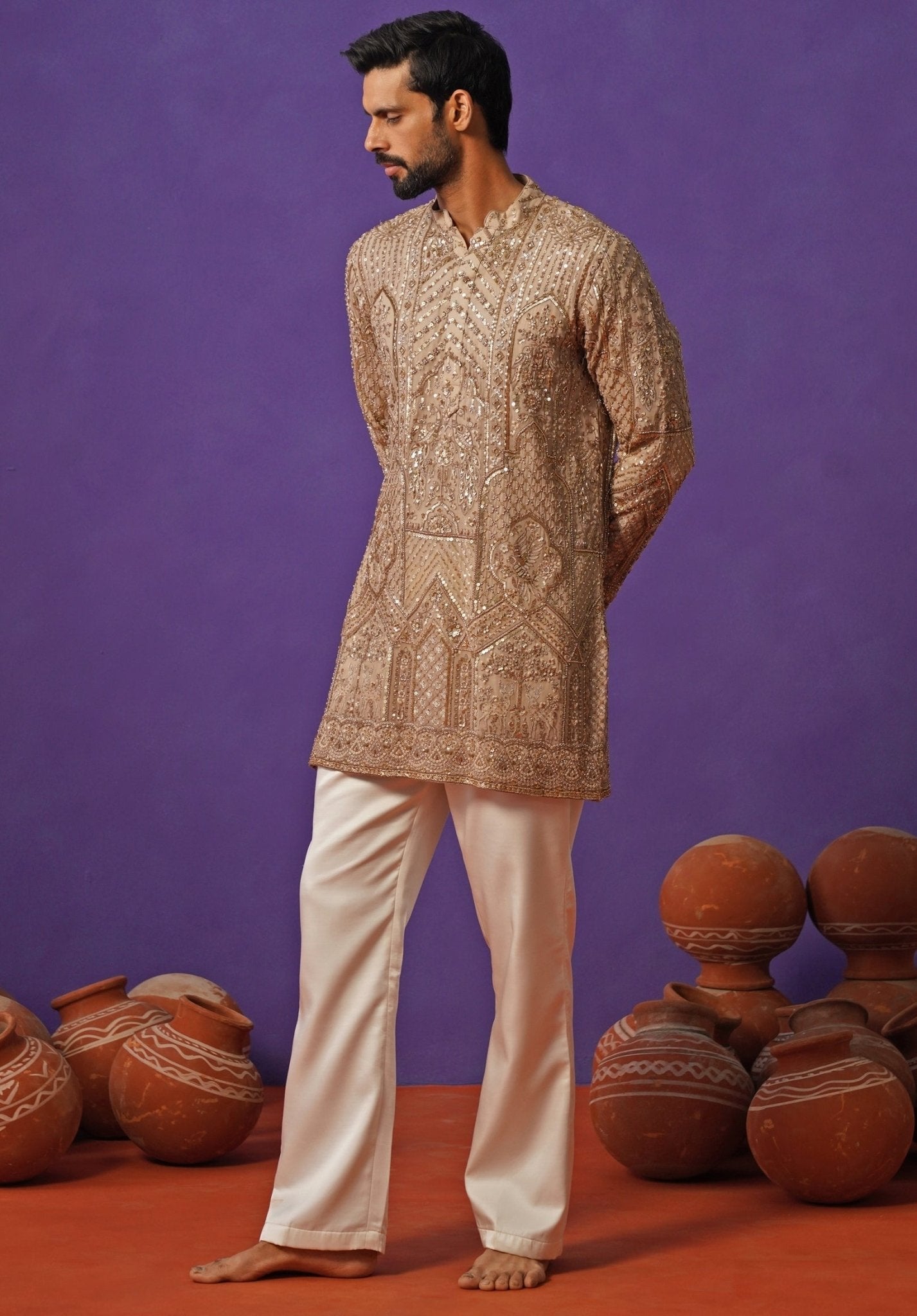 Beige georgette short kurta set for mens Roka ceremony — Kalpraag designer Indian menswear