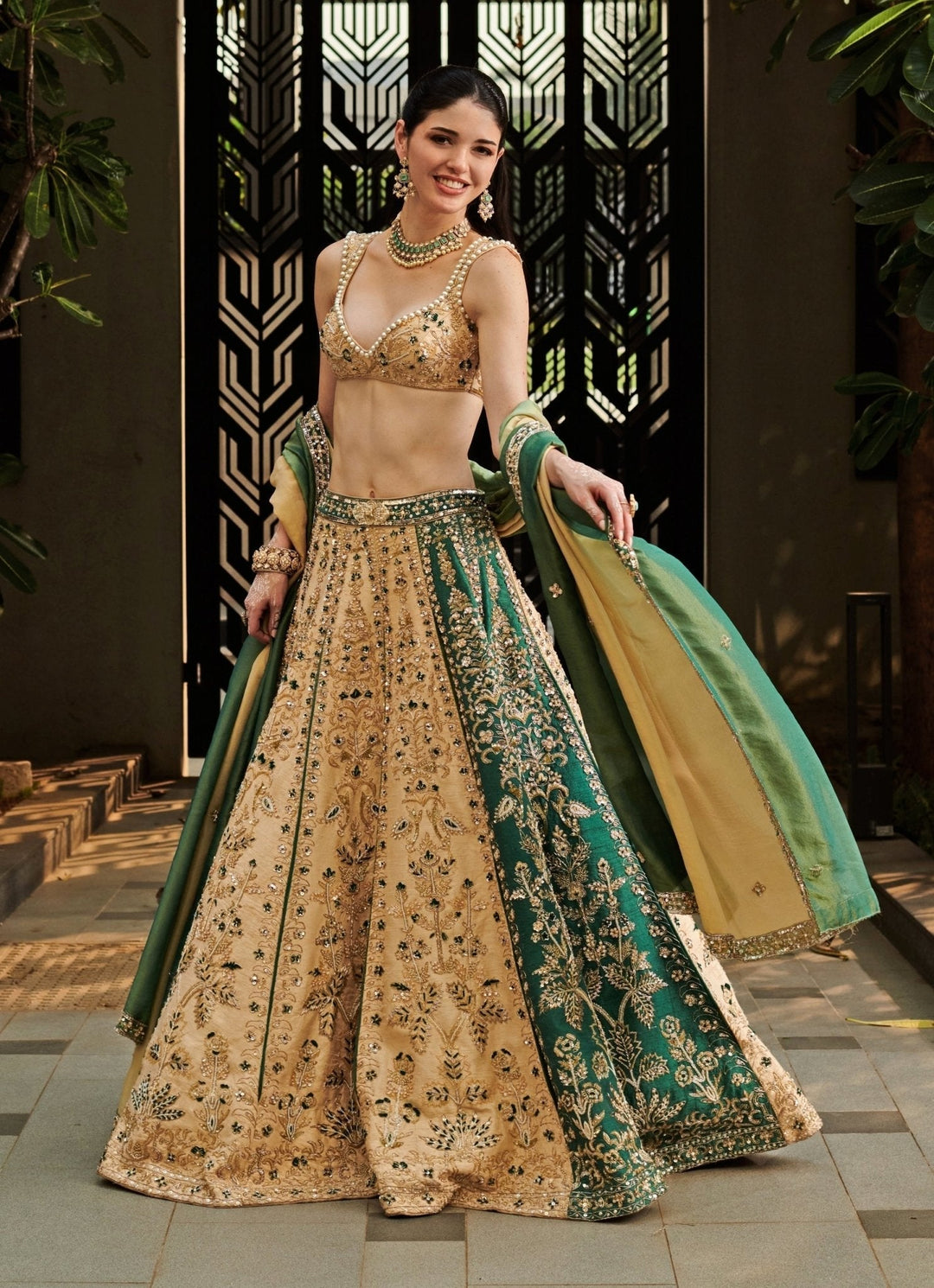 Beige Gold And Emerald Green Silk Embroidered Lehenga Set Jigar and Nikita - Fabilicious Fashion