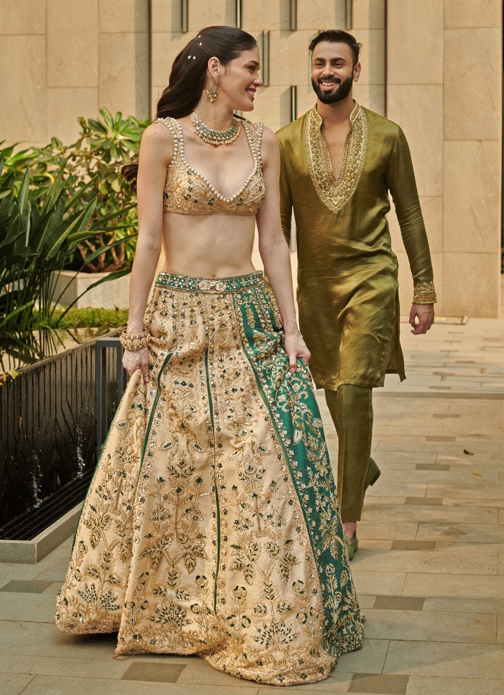 Beige Gold And Emerald Green Silk Embroidered Lehenga Set Jigar and Nikita - Fabilicious Fashion