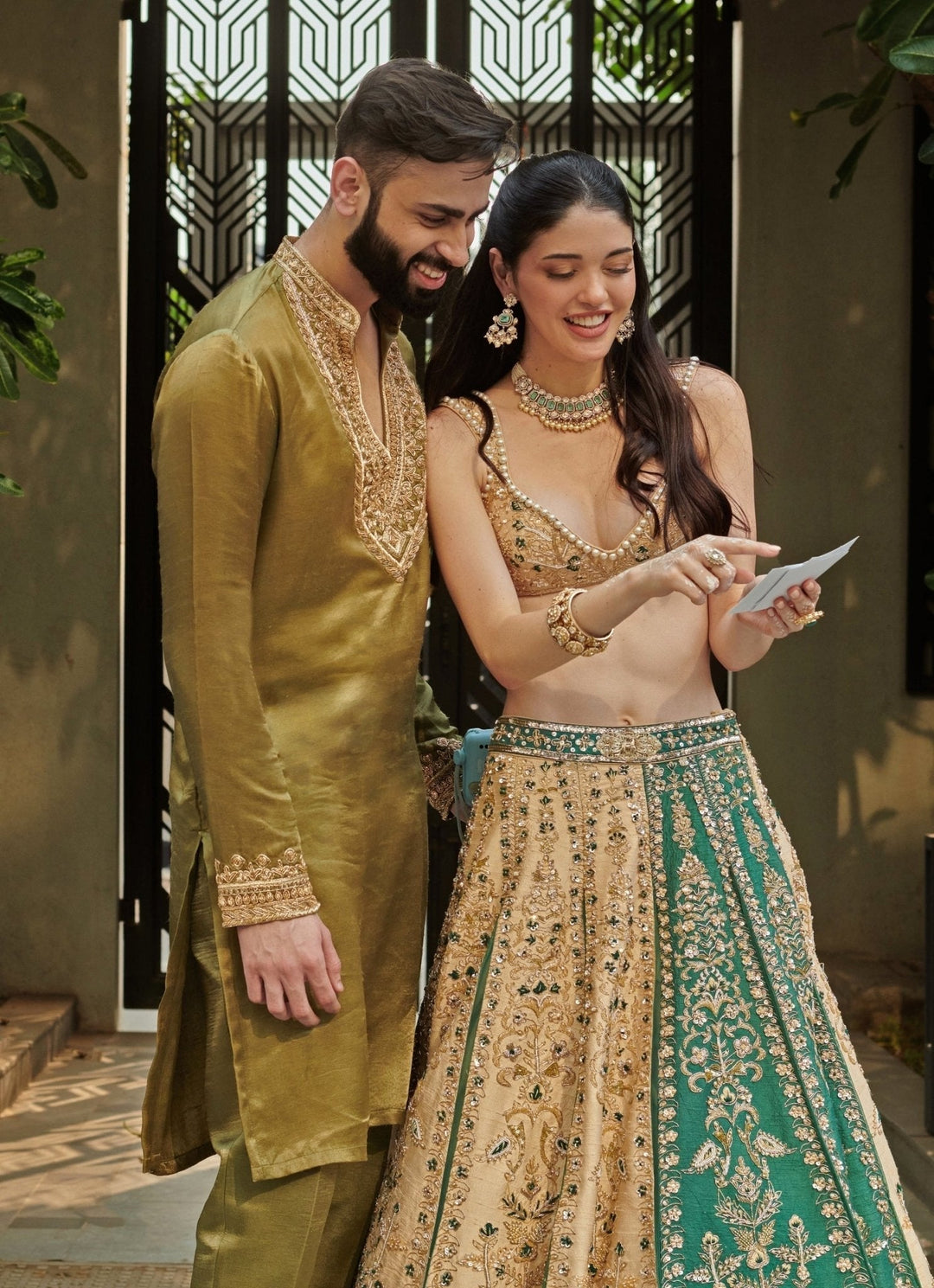 Beige Gold And Emerald Green Silk Embroidered Lehenga Set Jigar and Nikita - Fabilicious Fashion
