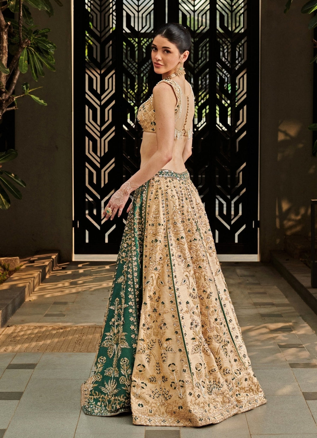 Beige Gold And Emerald Green Silk Embroidered Lehenga Set Jigar and Nikita - Fabilicious Fashion
