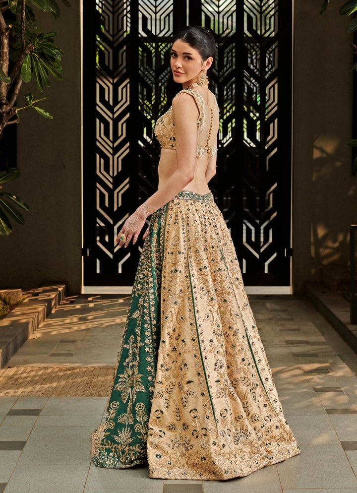 Beige Gold And Emerald Green Silk Embroidered Lehenga Set Jigar and Nikita - Fabilicious Fashion