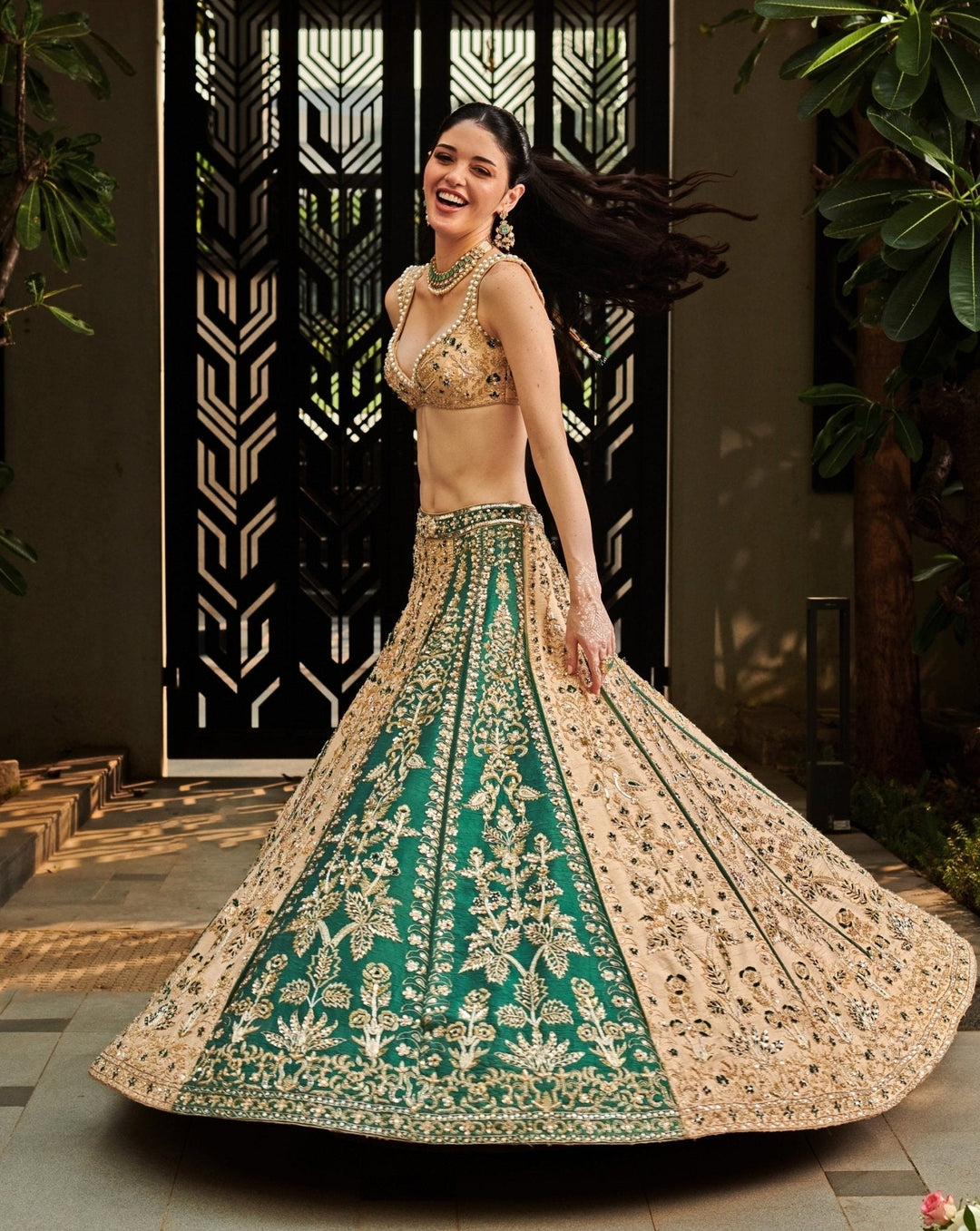 Beige Gold And Emerald Green Silk Embroidered Lehenga Set Jigar and Nikita - Fabilicious Fashion