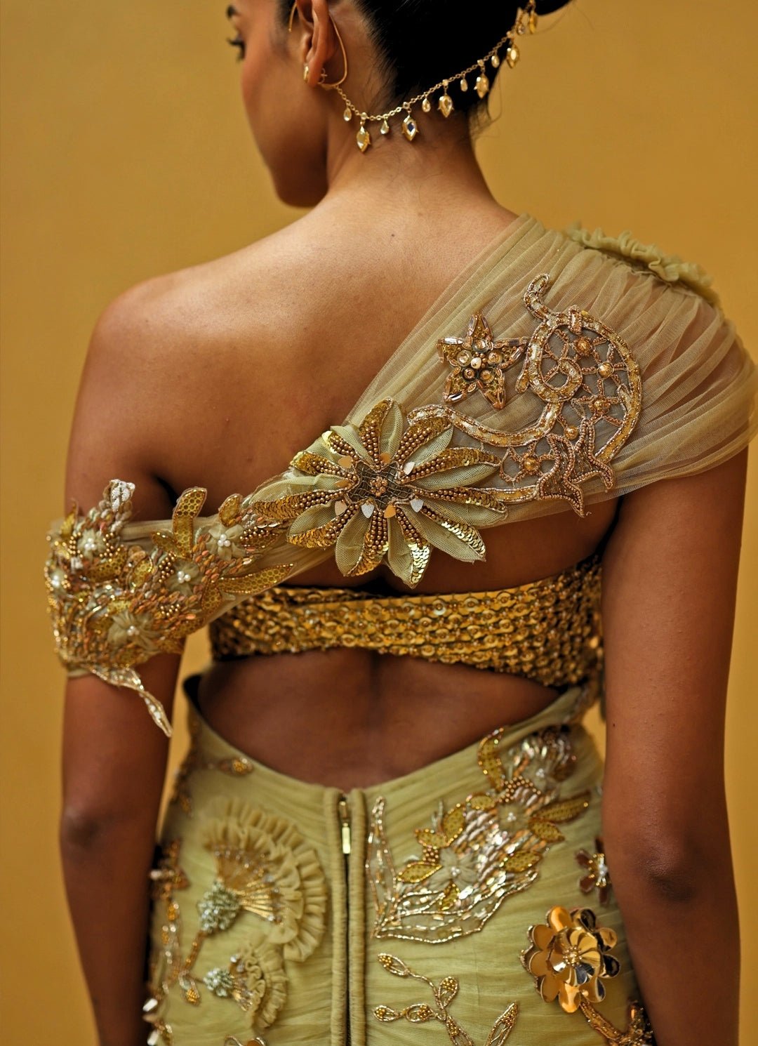 Beige Gold And Peach One Shoulder Soft Net Draped Dress Moledro - Fabilicious Fashion