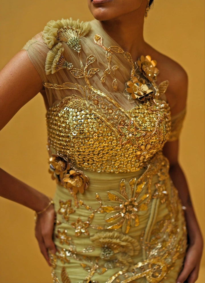 Beige Gold And Peach One Shoulder Soft Net Draped Dress Moledro - Fabilicious Fashion