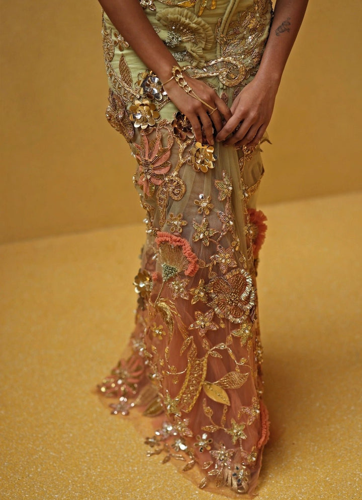 Beige Gold And Peach One Shoulder Soft Net Draped Dress Moledro - Fabilicious Fashion