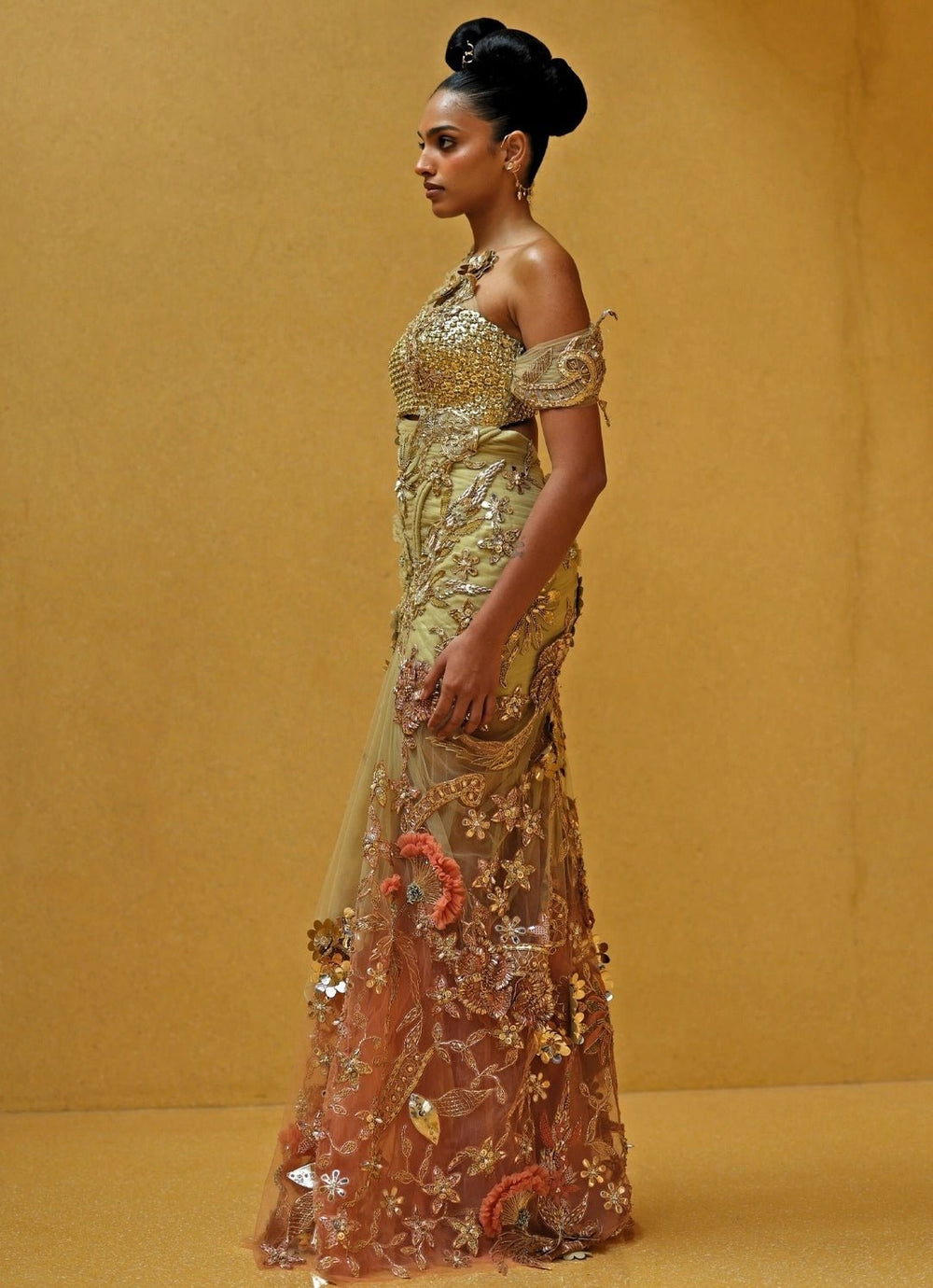 Beige Gold And Peach One Shoulder Soft Net Draped Dress Moledro - Fabilicious Fashion