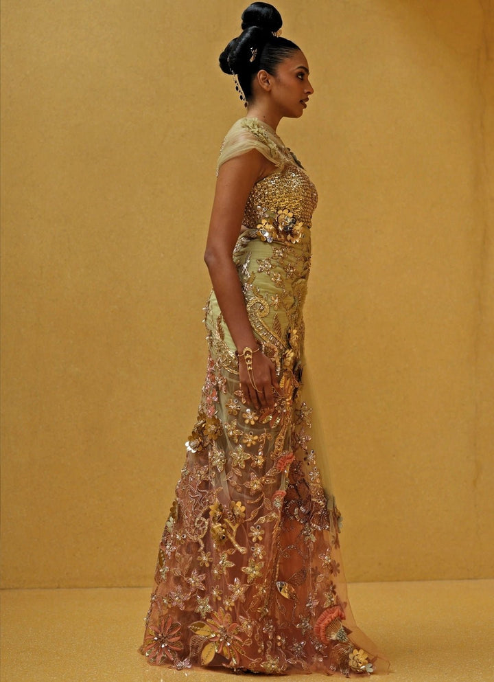 Beige Gold And Peach One Shoulder Soft Net Draped Dress Moledro - Fabilicious Fashion