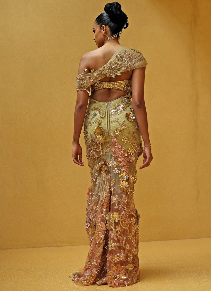 Beige Gold And Peach One Shoulder Soft Net Draped Dress Moledro - Fabilicious Fashion