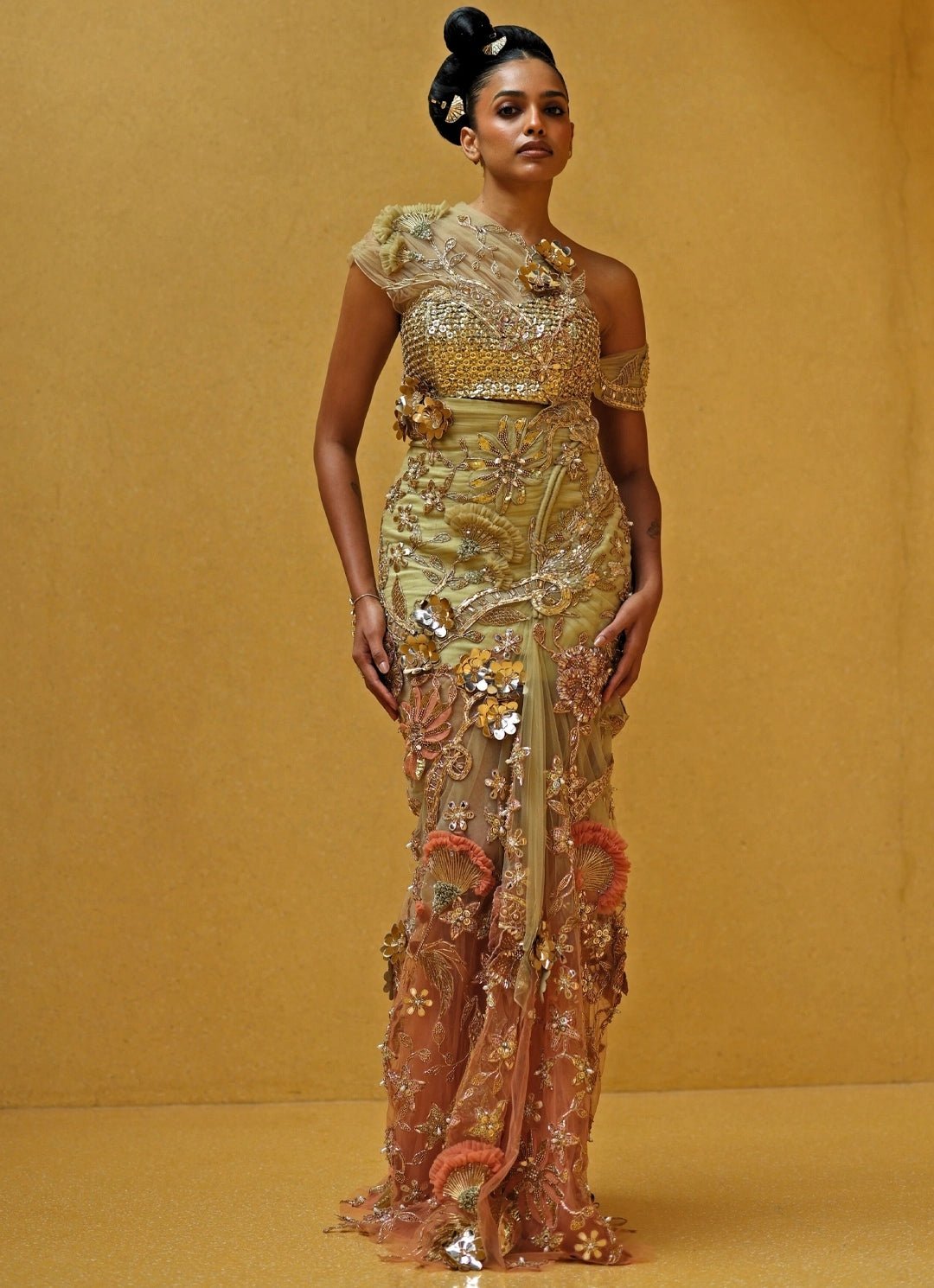 Beige Gold And Peach One Shoulder Soft Net Draped Dress Moledro - Fabilicious Fashion