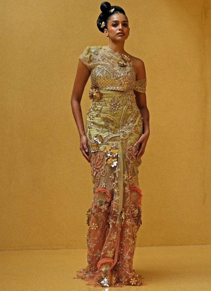 Beige Gold And Peach One Shoulder Soft Net Draped Dress Moledro - Fabilicious Fashion