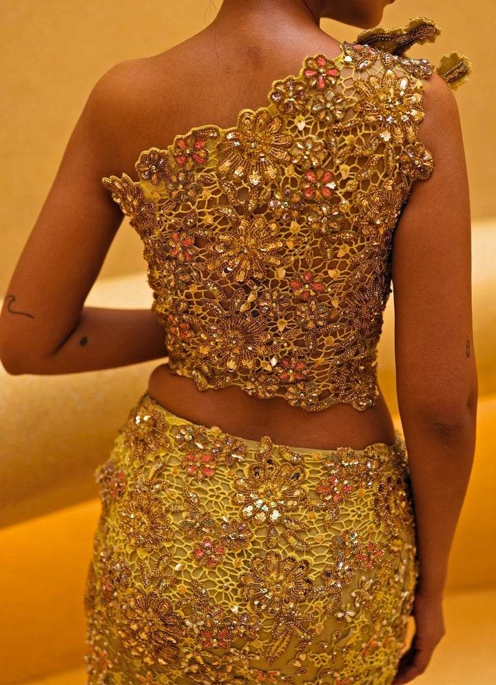 Beige Gold And Yellow Chiffon Pre Draped Saree Moledro - Fabilicious Fashion