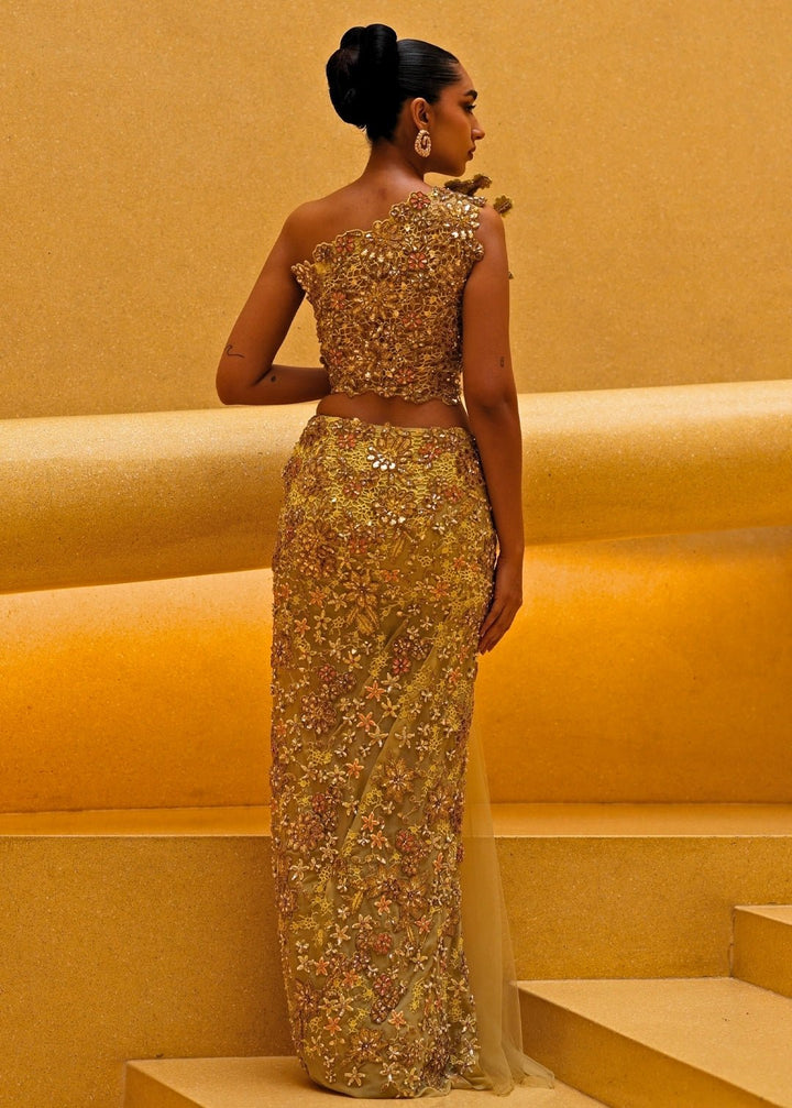 Beige Gold And Yellow Chiffon Pre Draped Saree Moledro - Fabilicious Fashion