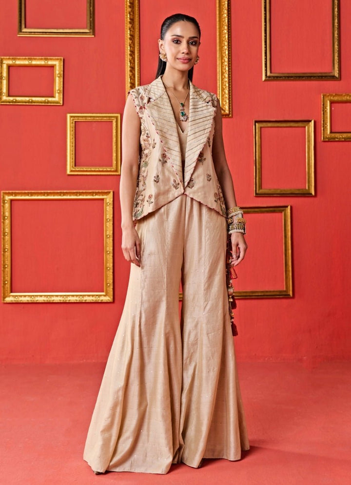 Studio Bagechaa Beige Gold Chanderi Jacket Sharara SetFabilicious Fashion