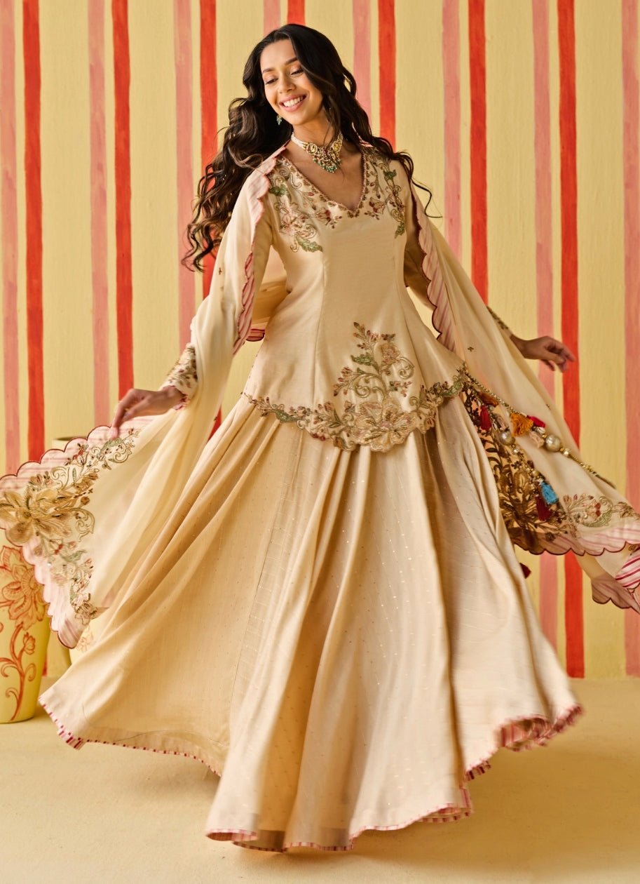 Beige Gold Chanderi Kurta Lehenga Set Studio Bagechaa - Fabilicious Fashion