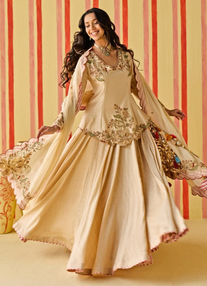 Beige Gold Chanderi Kurta Lehenga Set Studio Bagechaa - Fabilicious Fashion