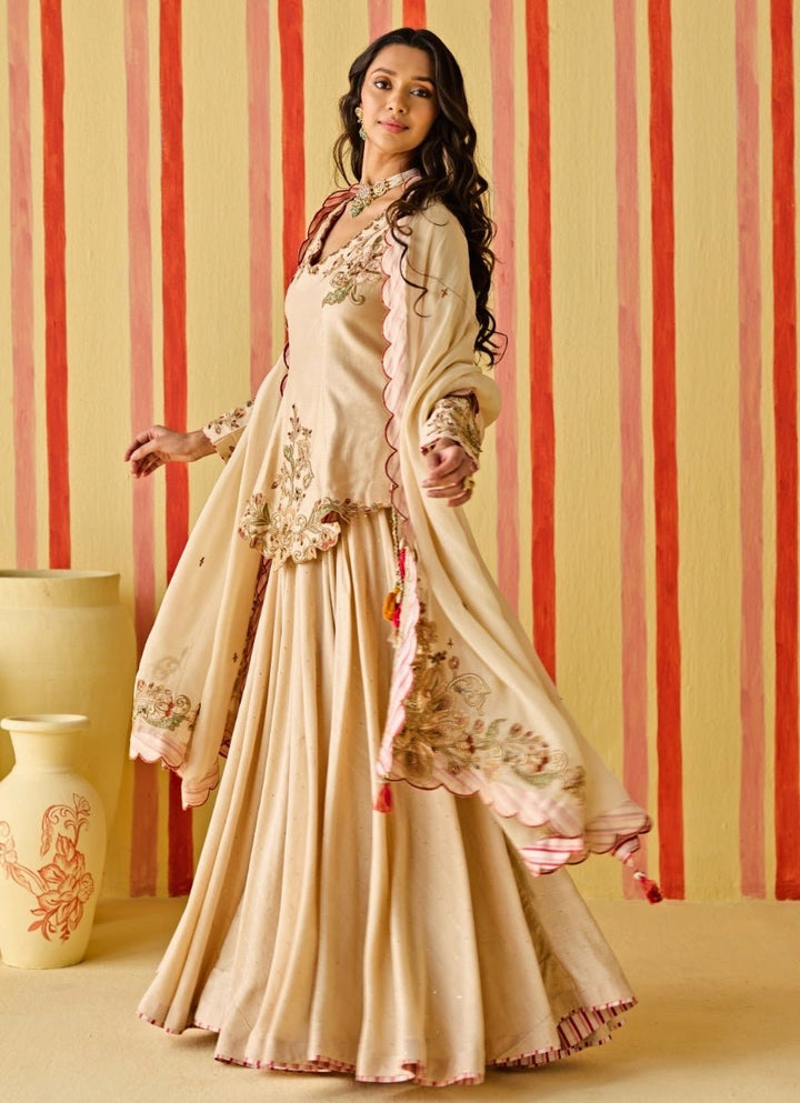 Beige Gold Chanderi Kurta Lehenga Set Studio Bagechaa - Fabilicious Fashion