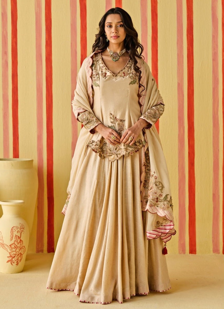 Beige Gold Chanderi Kurta Lehenga Set Studio Bagechaa - Fabilicious Fashion