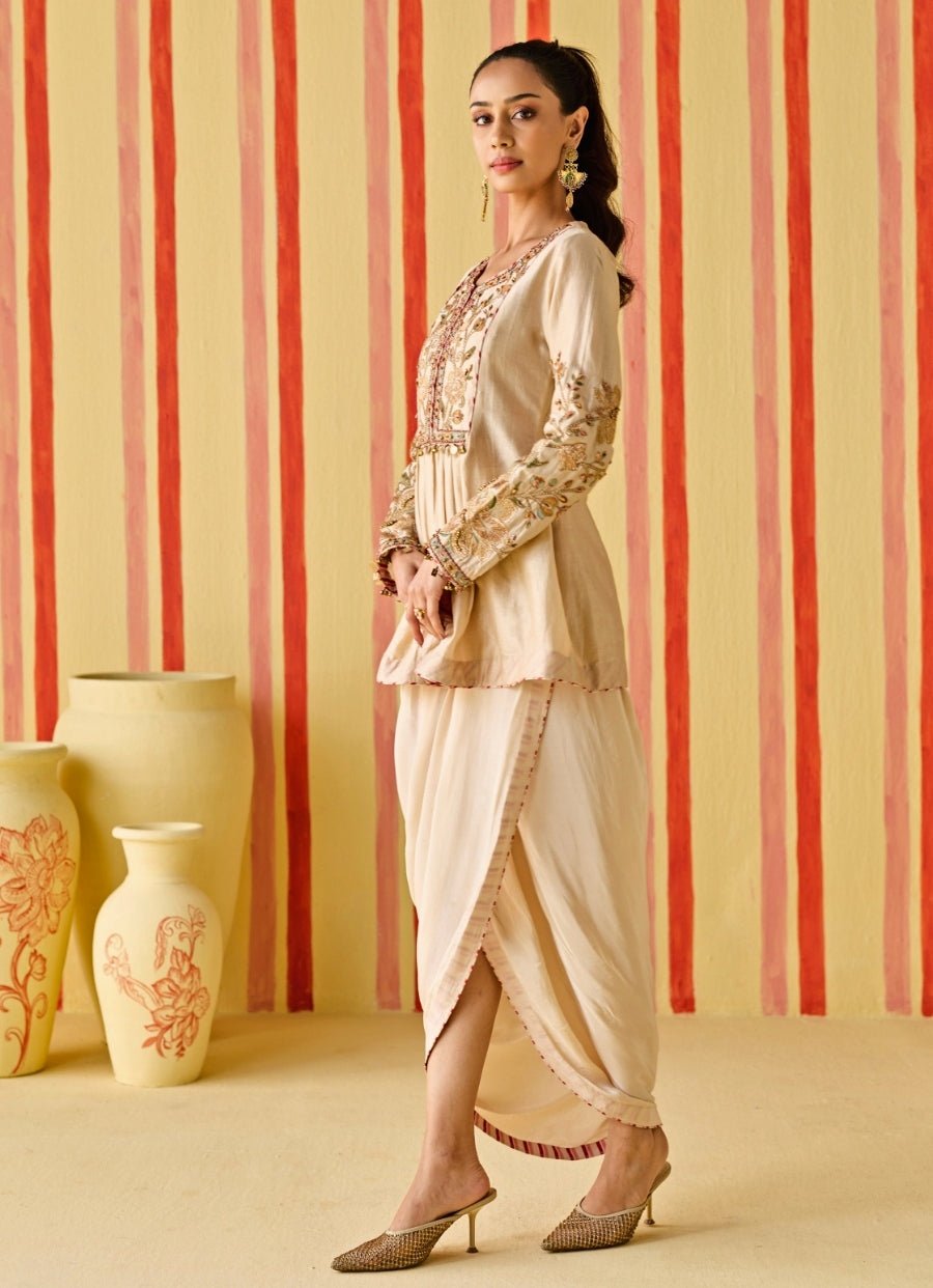 Beige Gold Chanderi Kurta With Cowl Skirt Set Studio Bagechaa - Fabilicious Fashion