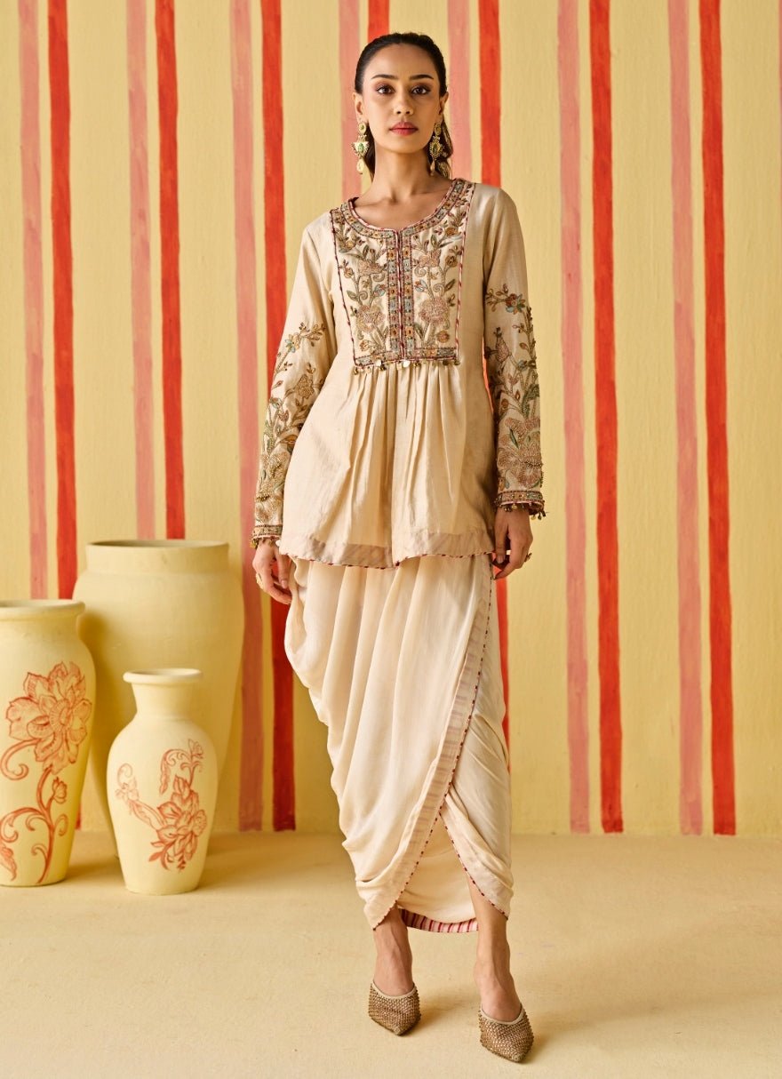 Beige Gold Chanderi Kurta With Cowl Skirt Set Studio Bagechaa - Fabilicious Fashion