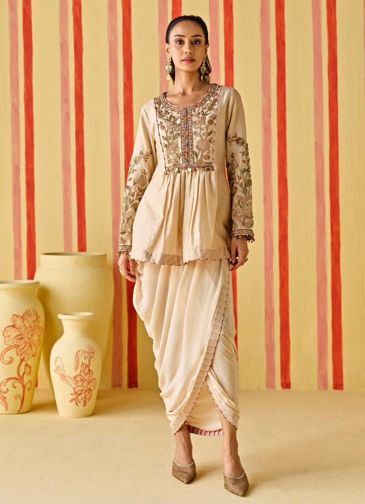 Beige Gold Chanderi Kurta With Cowl Skirt Set Studio Bagechaa - Fabilicious Fashion