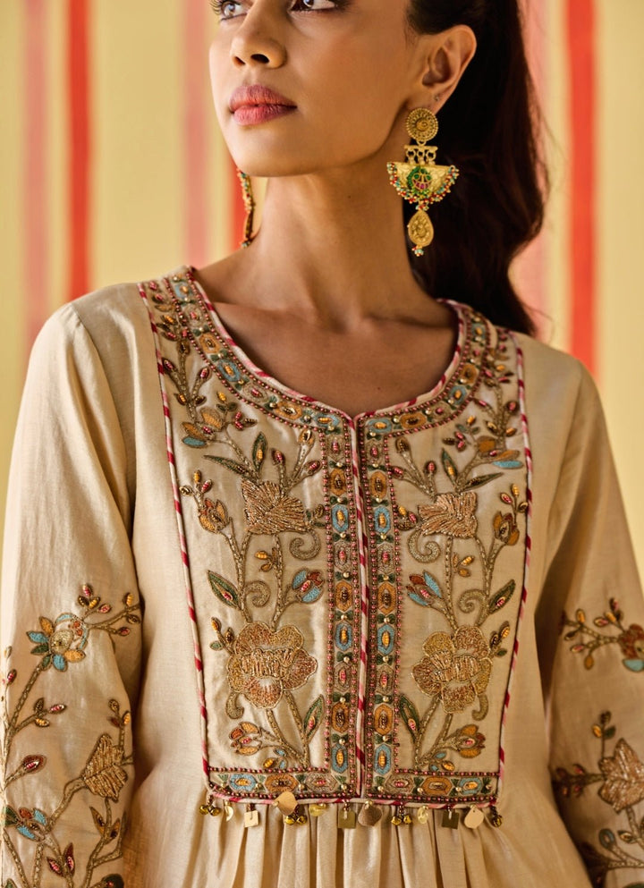 Beige Gold Chanderi Kurta With Cowl Skirt Set Studio Bagechaa - Fabilicious Fashion