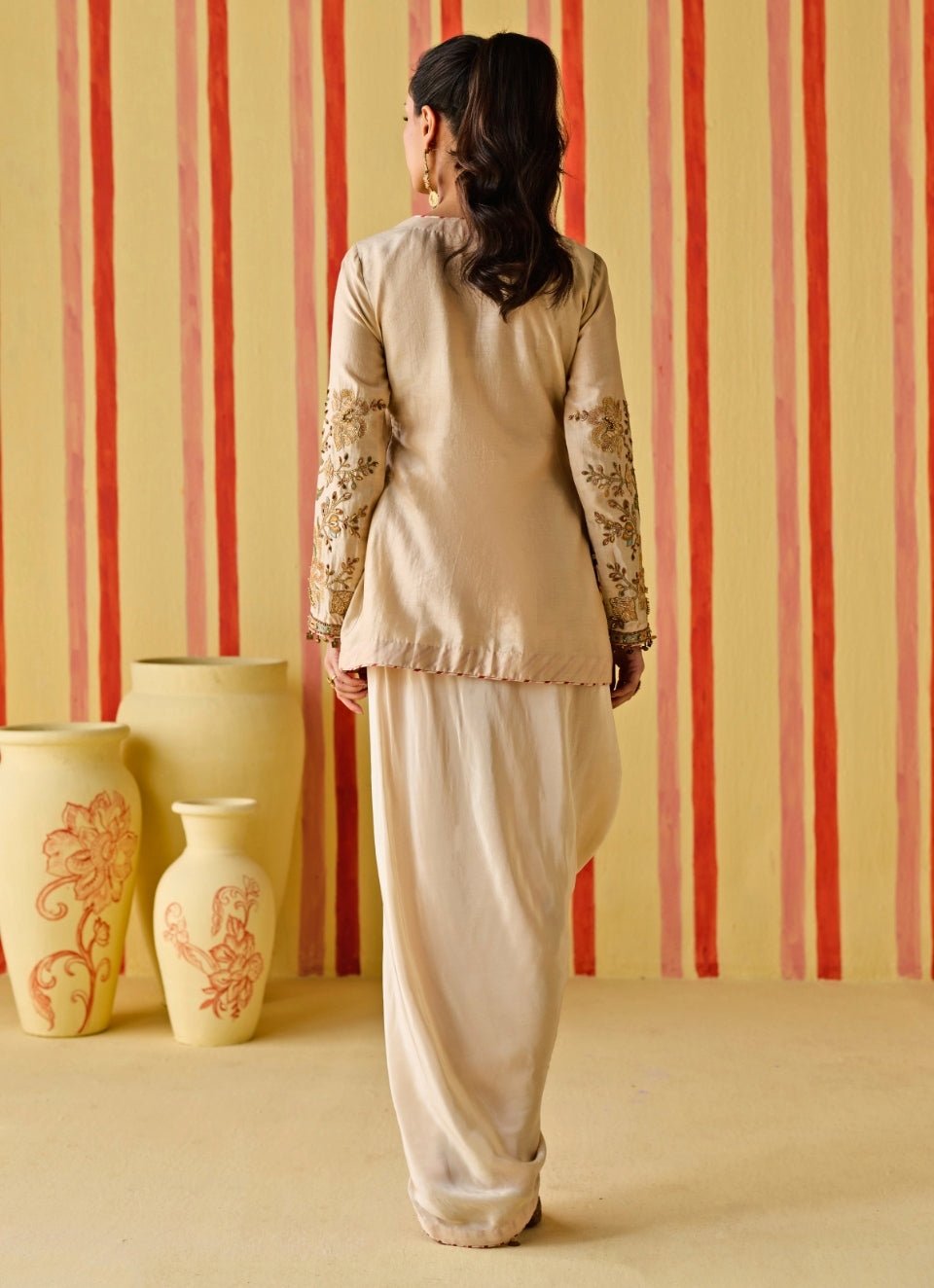 Beige Gold Chanderi Kurta With Cowl Skirt Set Studio Bagechaa - Fabilicious Fashion